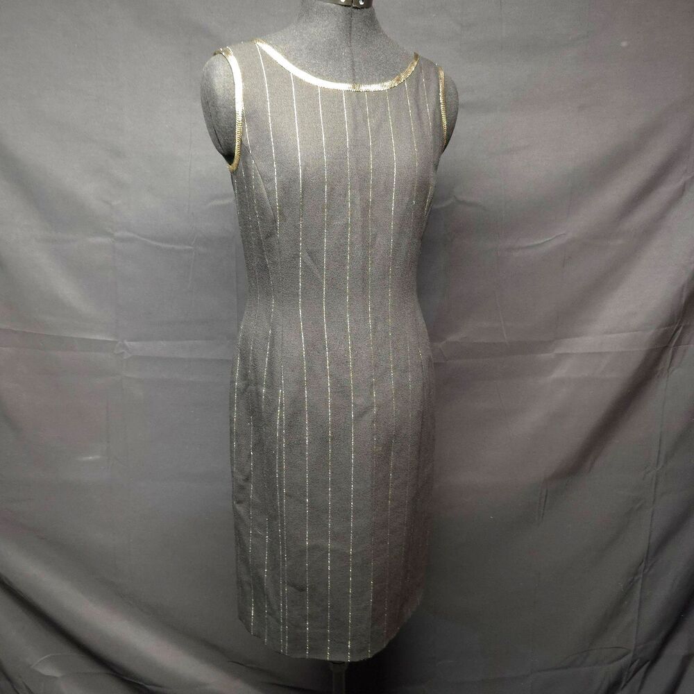 Vintage Albert Nipon Dress 6 Black Wool Metallic Stripe Sheath Made in USA Union